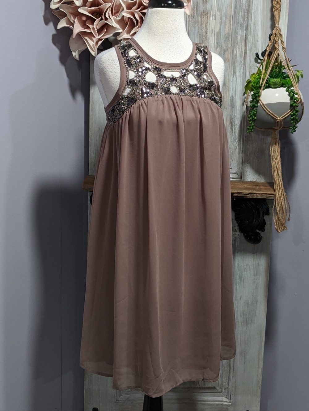 NWT Esley Mocha Embellished Yoke Sleeveless Shift Dress